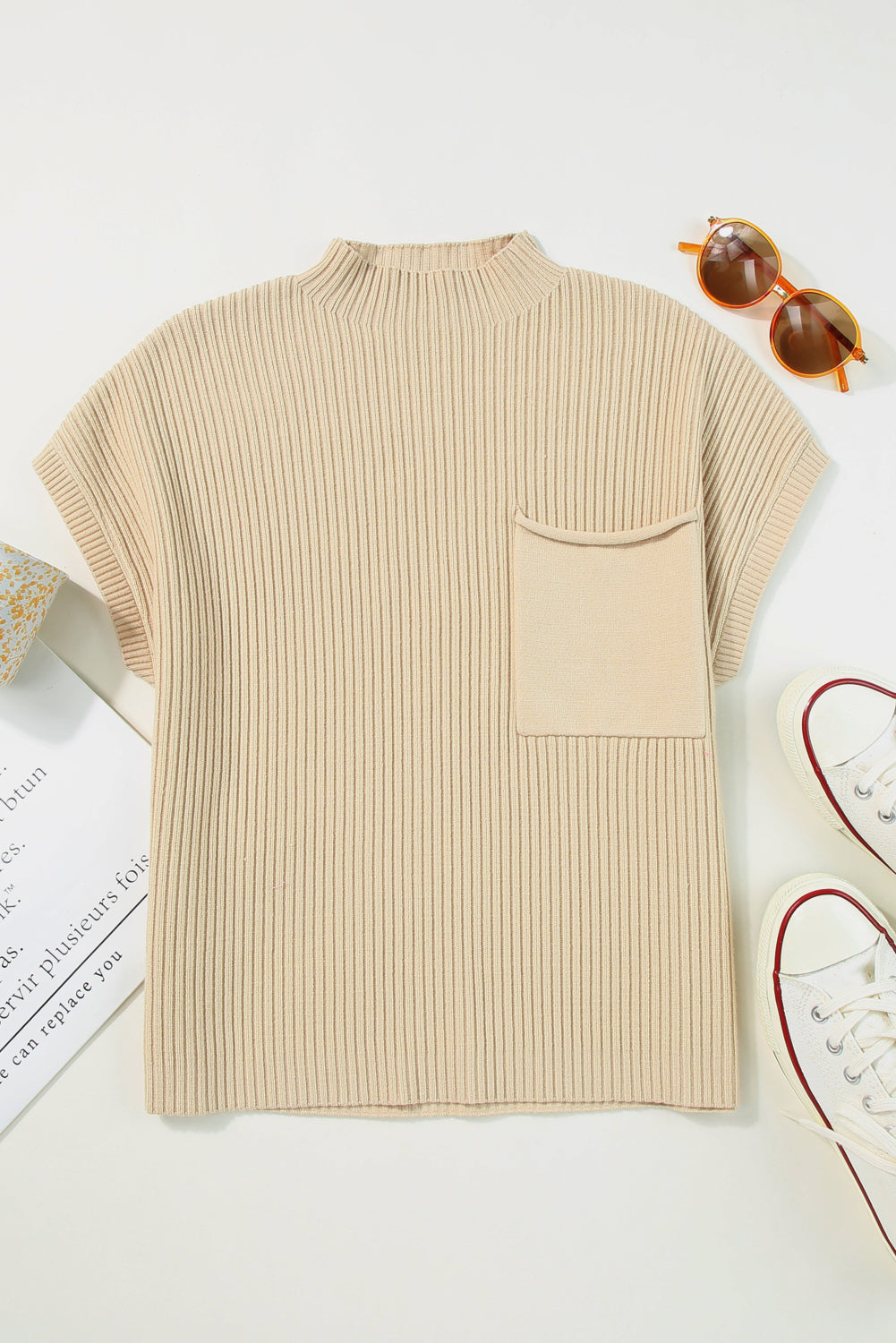 Rose Red Patch Pocket Ribbed Knit Short Sleeve Sweater