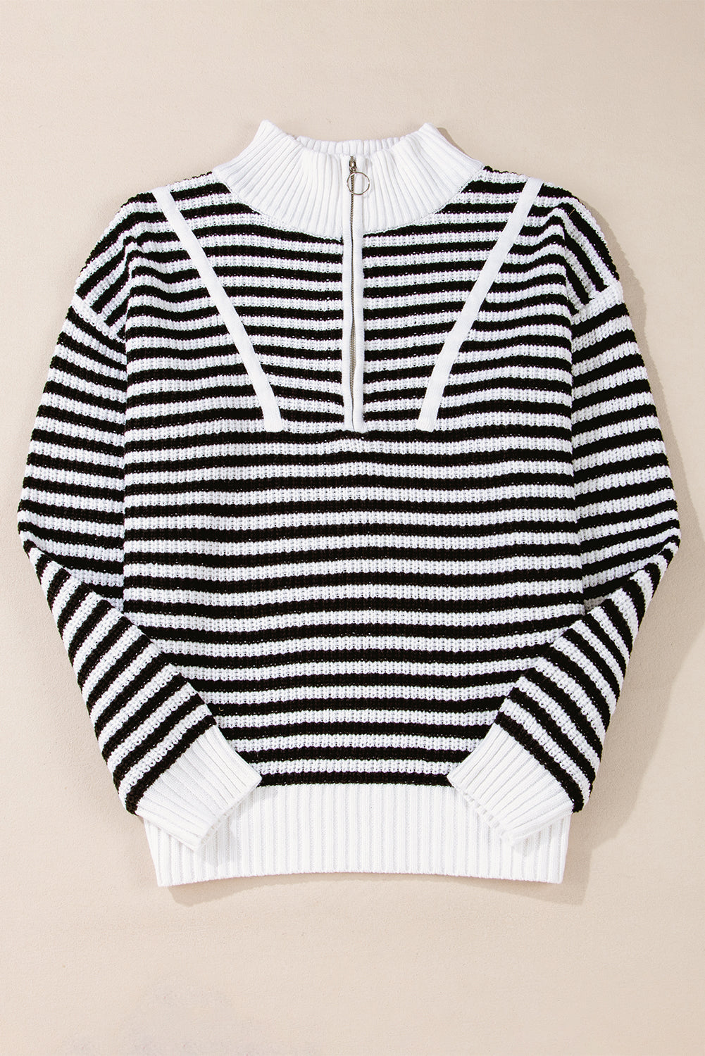Sky Blue Stripe Zip up Collar Drop Shoulder Sweater