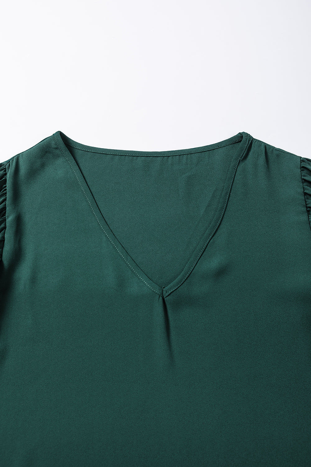 Blackish Green 3/4 Pleated Bell Sleeve V Neck Blouse