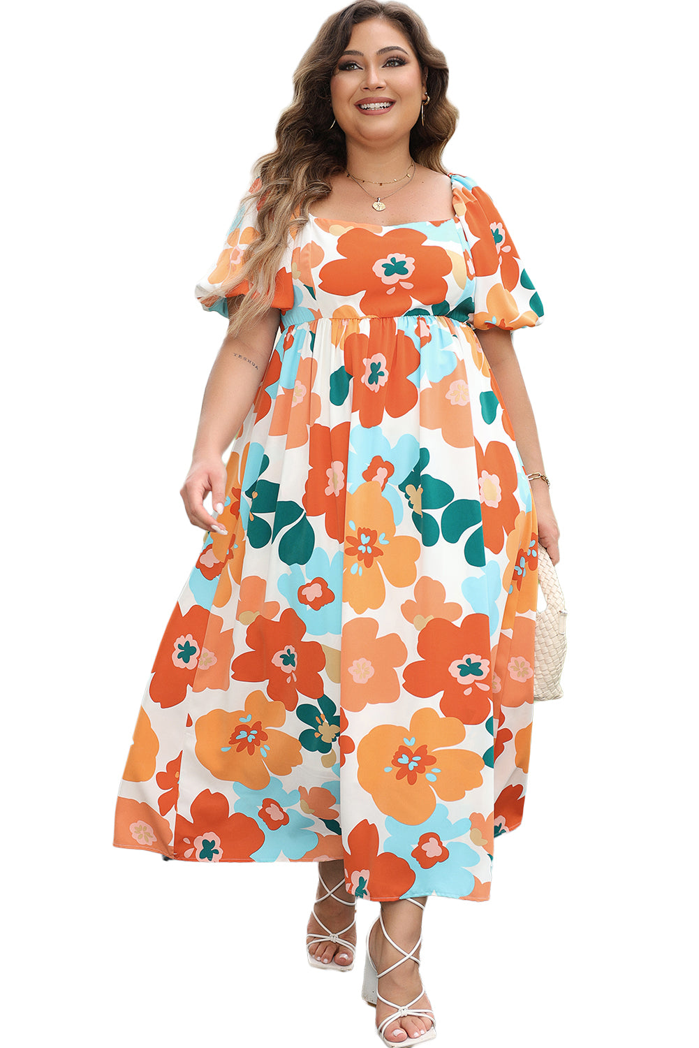 Orange Plus Size Flower Print Shirred Square Neck Maxi Dress