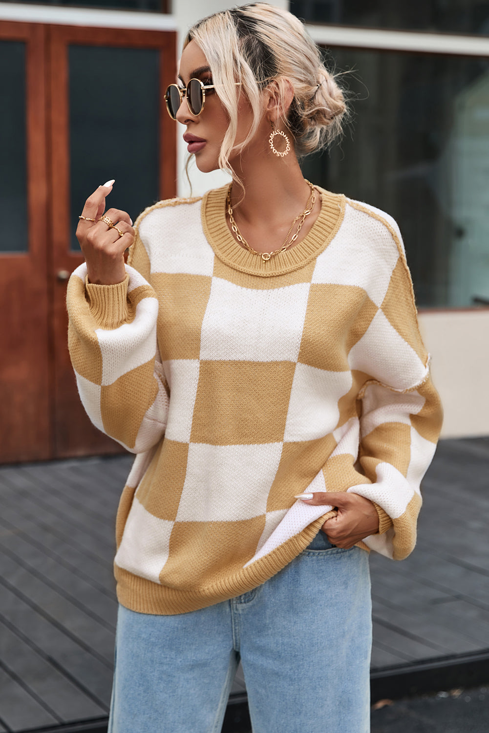 Gray Checkered Bishop Sleeve Sweater