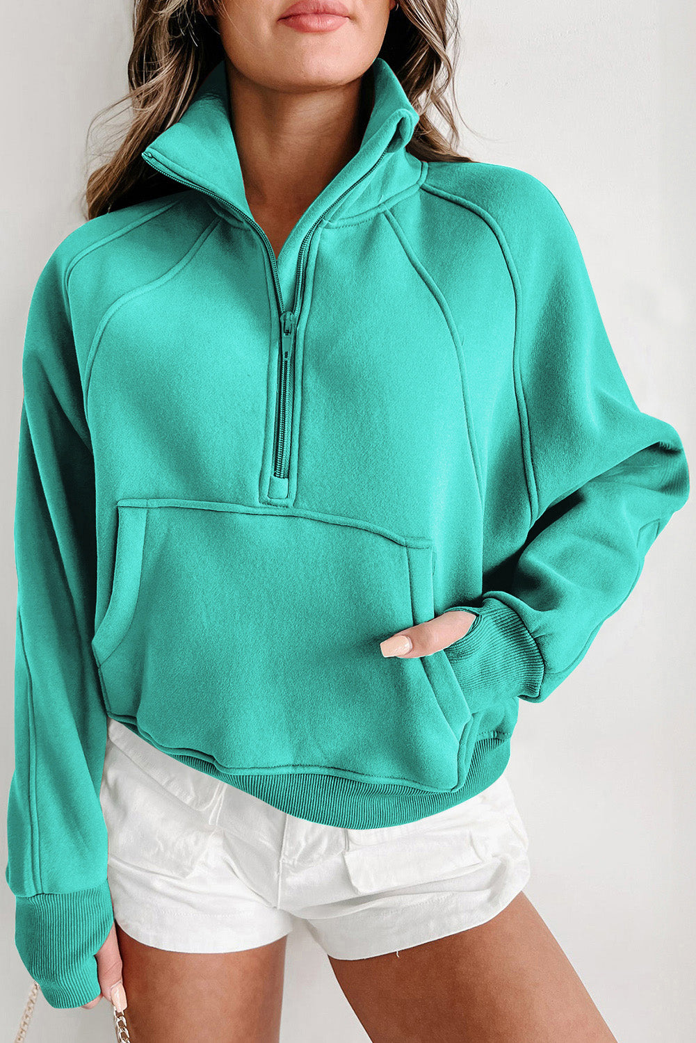 Smoke Green Fleece Lined Zip Up Stand Collar Thumbhole Sleeve Sweatshirt