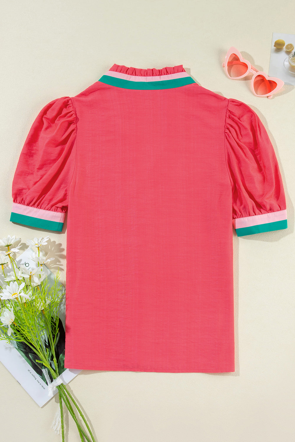 Bright Green Colorful Trim V Neck Short Sleeve Blouse
