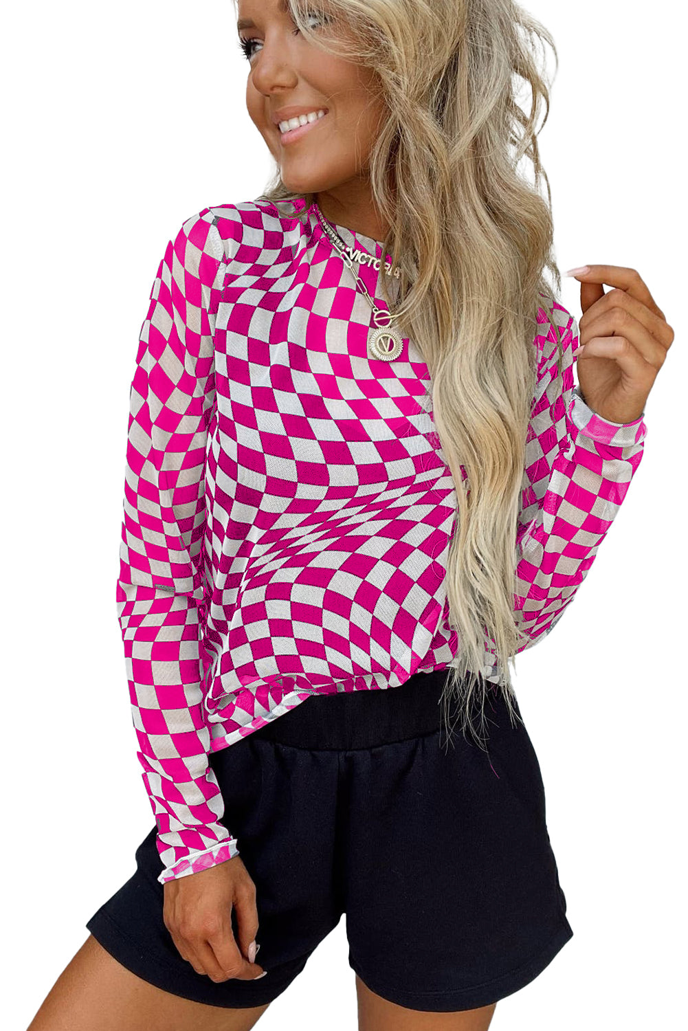 Black Checkered Pattern Mesh Mock Neck Long Sleeve Top