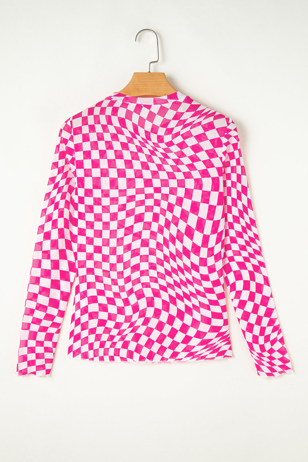 Black Checkered Pattern Mesh Mock Neck Long Sleeve Top