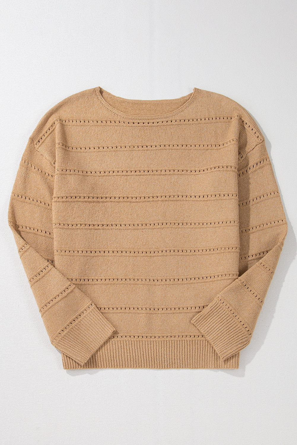 Light Grey Boat Neck Drop Shoulder Pointelle Knit Sweater