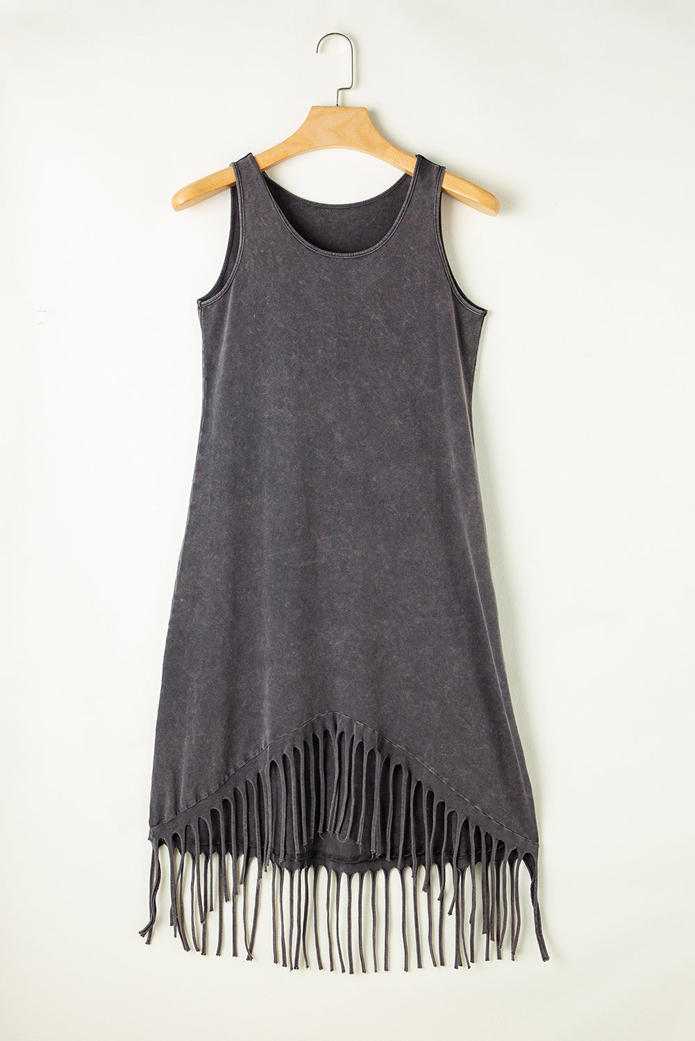 Gray Round Neck Sleeveless Fringe Hem Long Dress