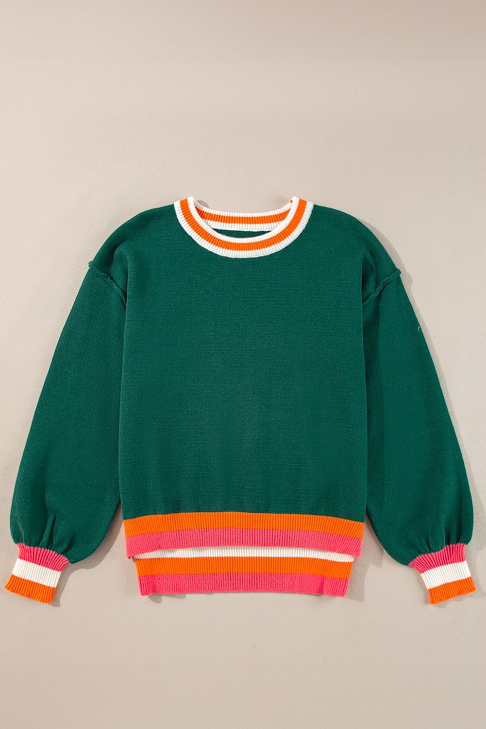 Blackish Green Colorblock Striped Trim Drop Shoulder Sweater