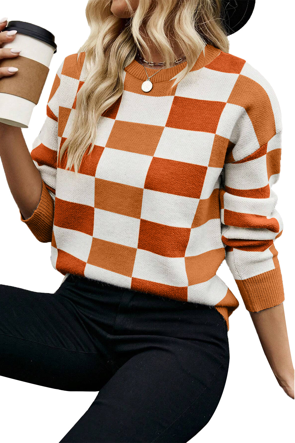 Orange Checkered Ribbed Edge O Neck Drop Shoulder Sweater