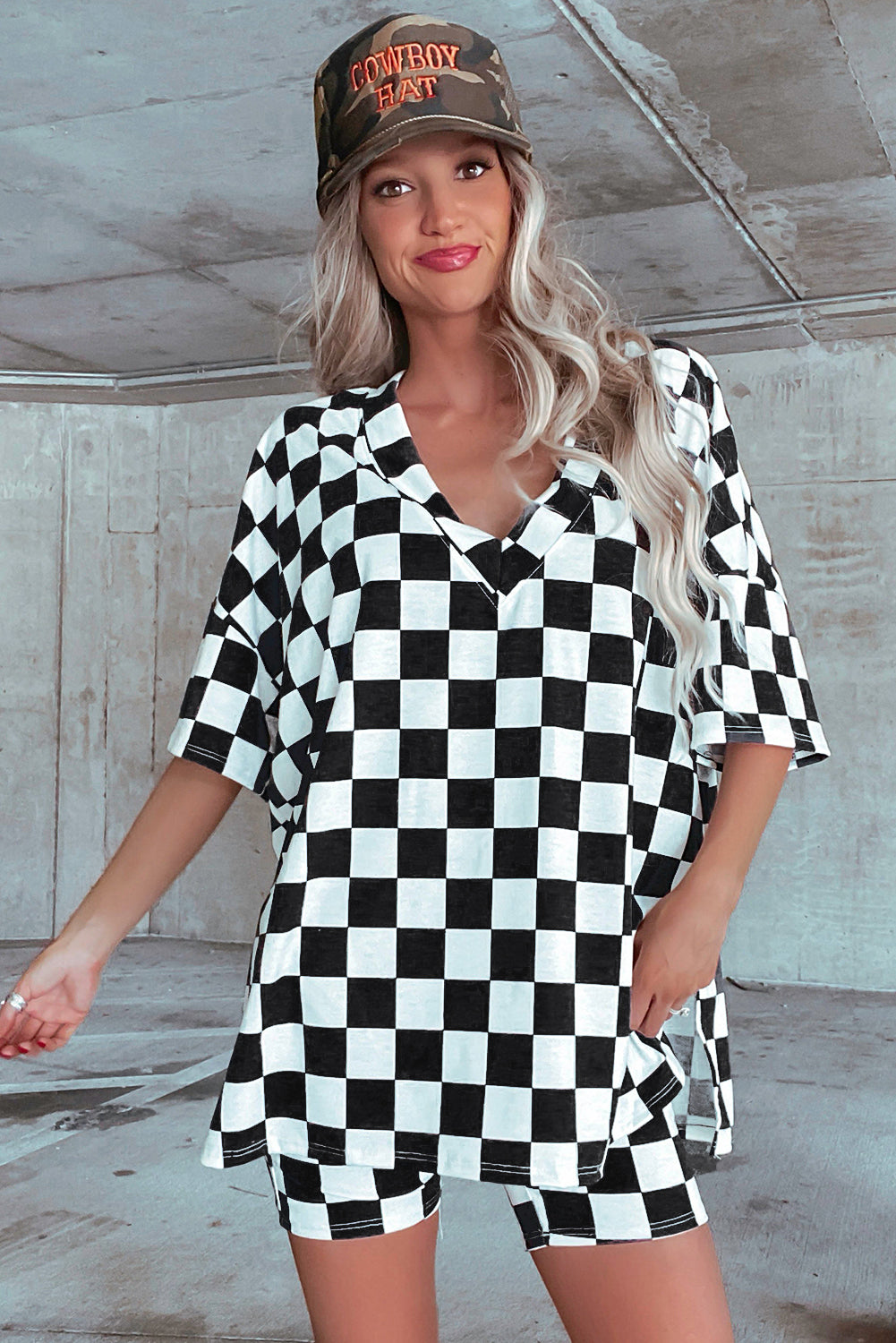 Orange Checkerboard Print V Neck Loose Tee and Shorts Lounge Set