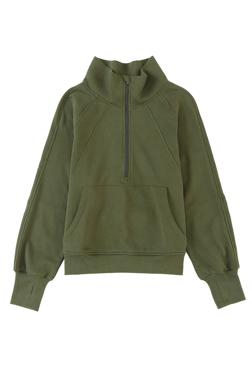 Smoke Green Fleece Lined Zip Up Stand Collar Thumbhole Sleeve Sweatshirt