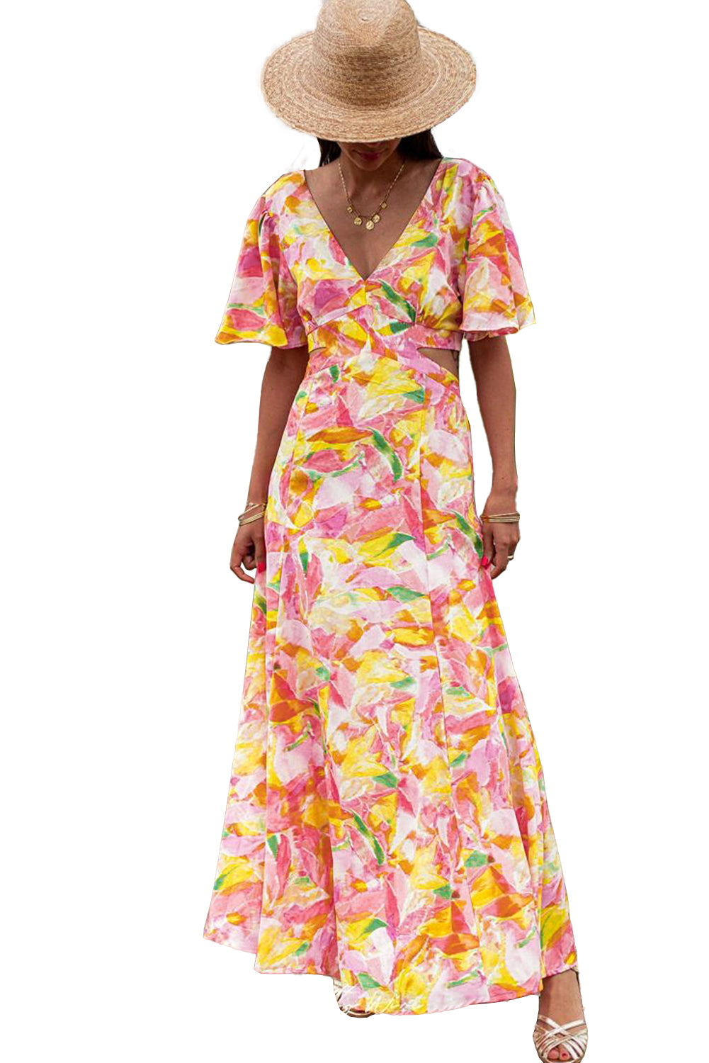 Pink Bohemian Flutter Sleeve Cut out Floral Maxi Dress