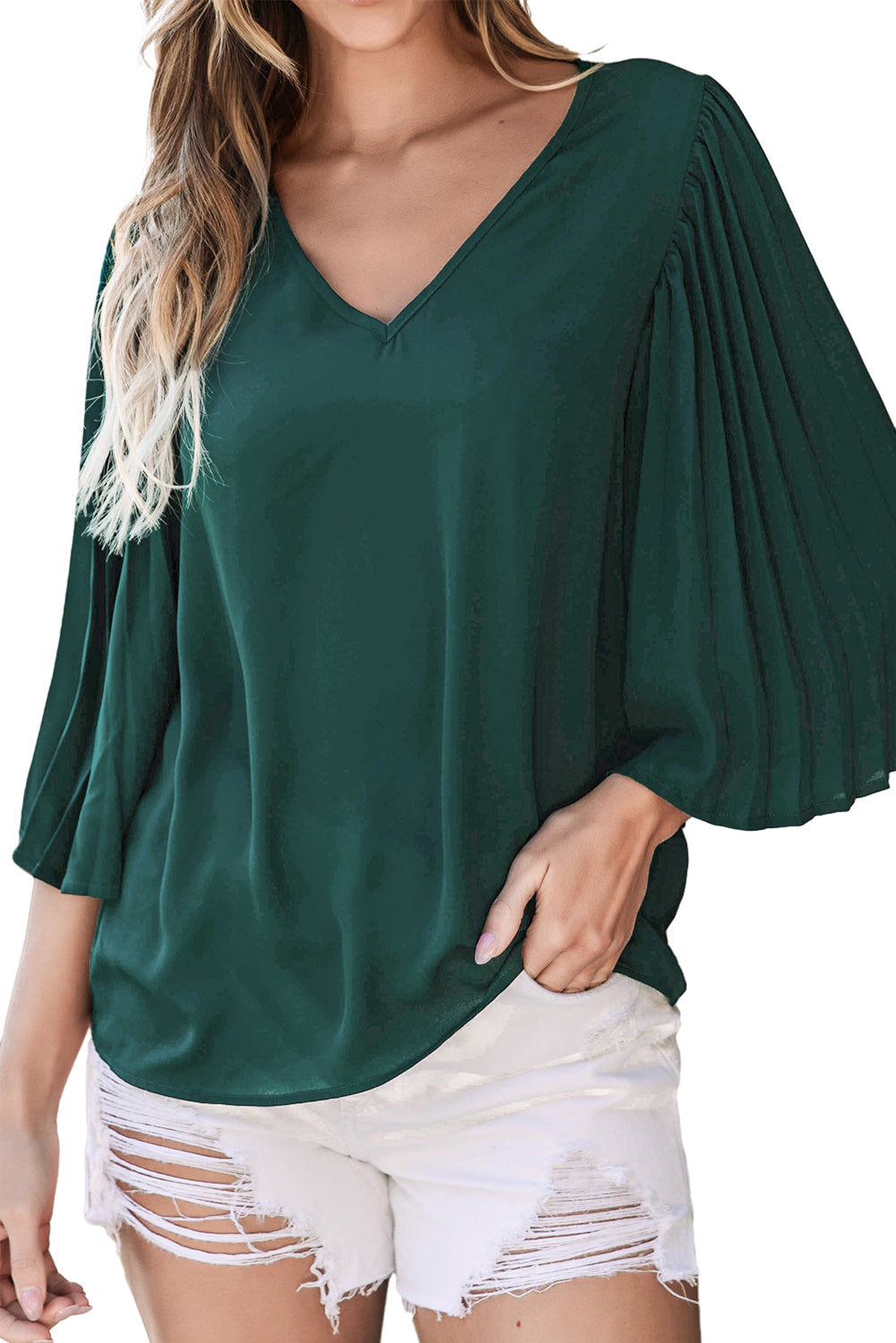 Blackish Green 3/4 Pleated Bell Sleeve V Neck Blouse