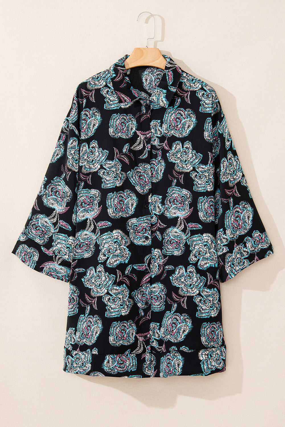 Red Floral Print Lapel Collar Loose Shirt Mini Dress