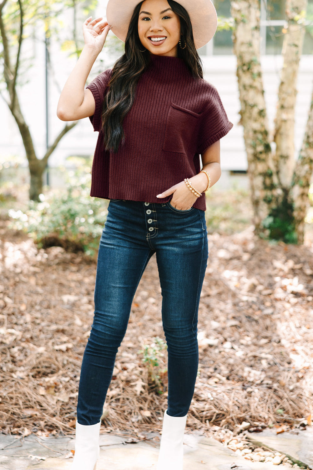 Rose Red Patch Pocket Ribbed Knit Short Sleeve Sweater