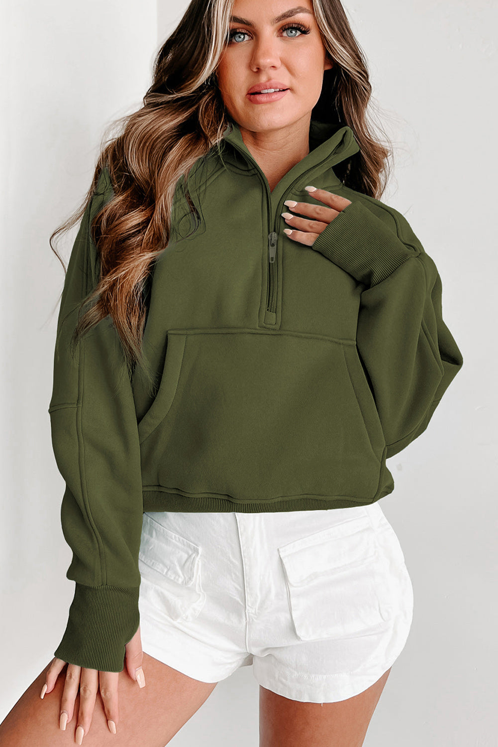 Smoke Green Fleece Lined Zip Up Stand Collar Thumbhole Sleeve Sweatshirt