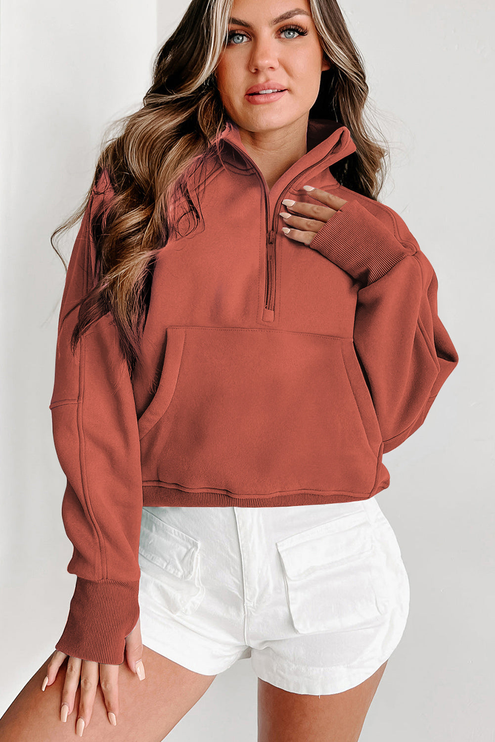 Smoke Green Fleece Lined Zip Up Stand Collar Thumbhole Sleeve Sweatshirt