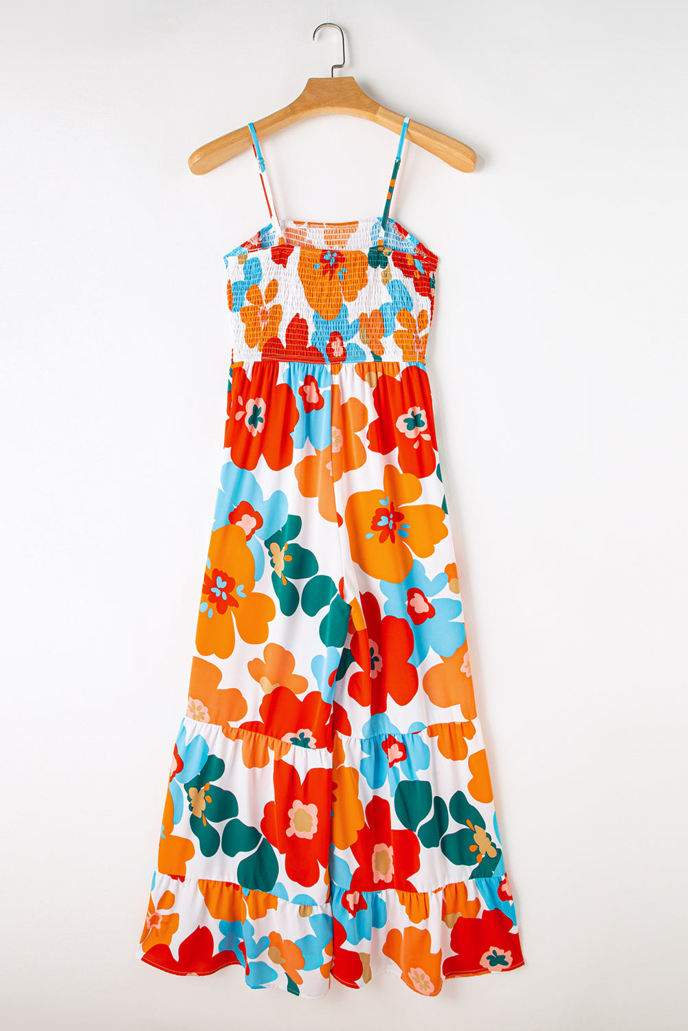 Orange Floral Spaghetti Straps Smocked Wide Leg Jumpsuit