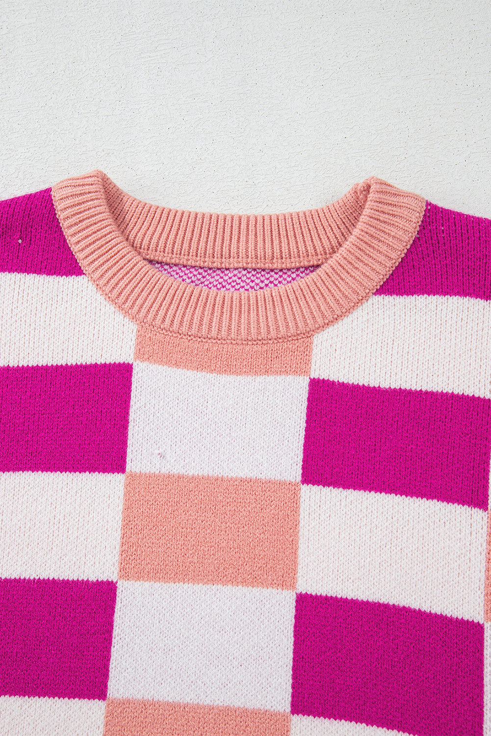 Black Checkered Ribbed Edge O Neck Drop Shoulder Sweater