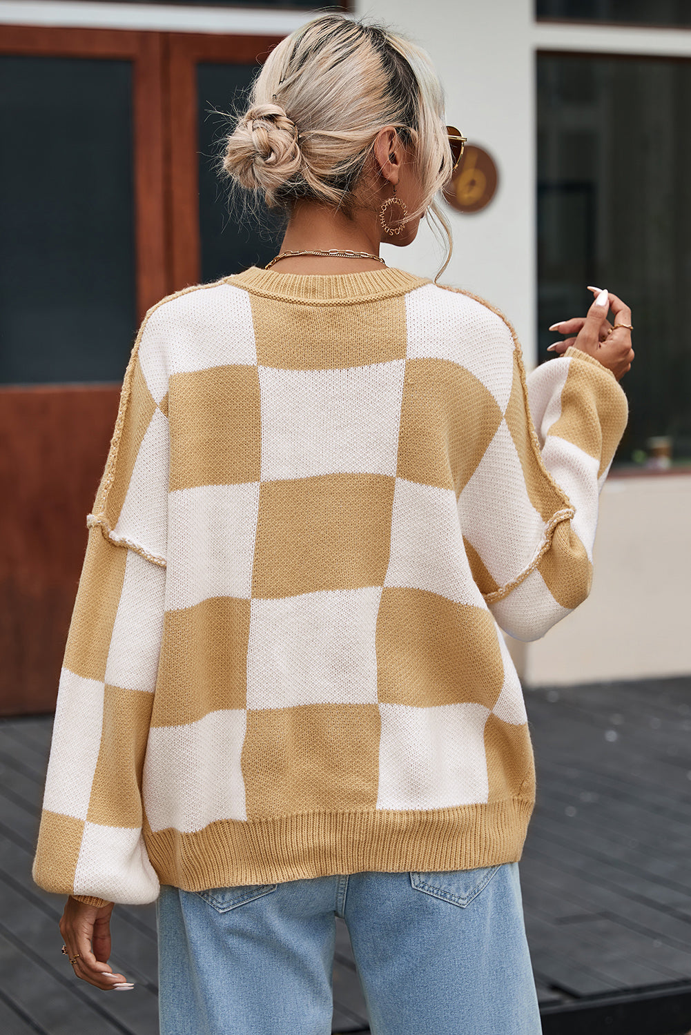 Gray Checkered Bishop Sleeve Sweater