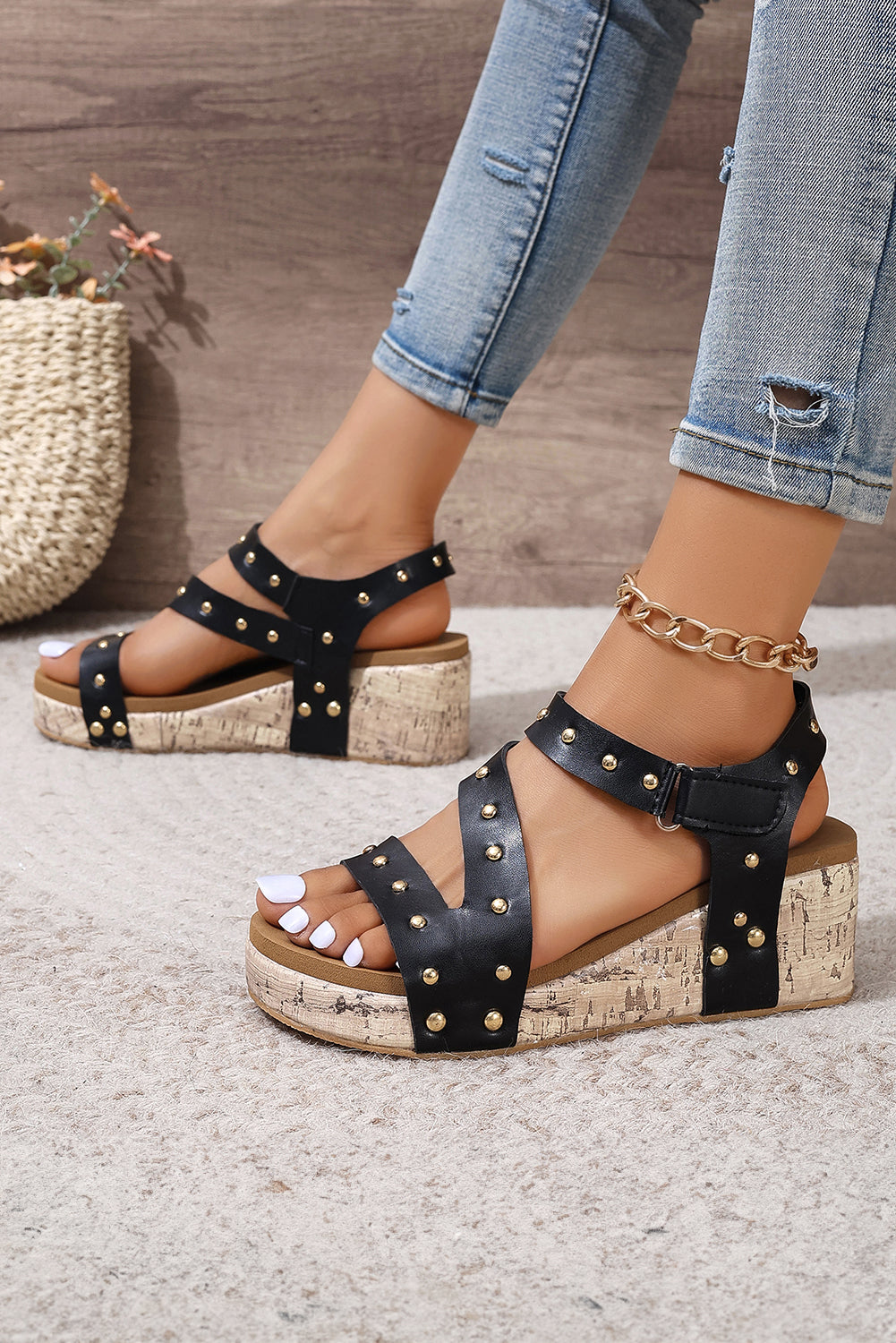 White Rivet Hollow Out Leather Wedge Sandals