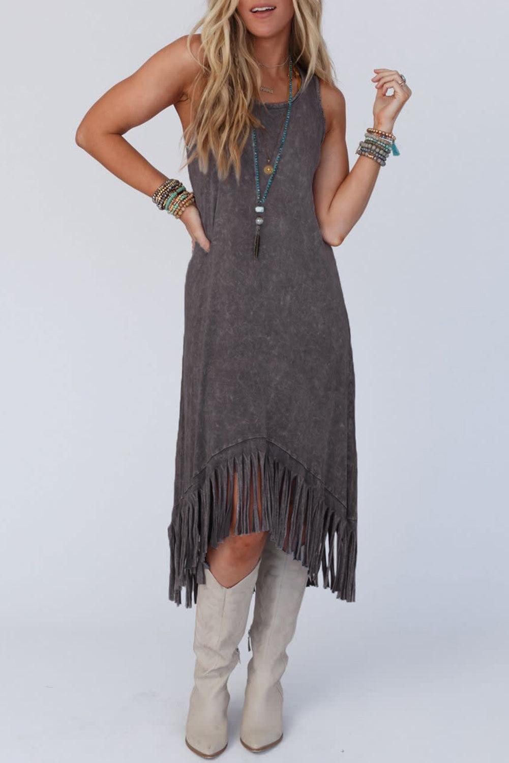 Gray Round Neck Sleeveless Fringe Hem Long Dress