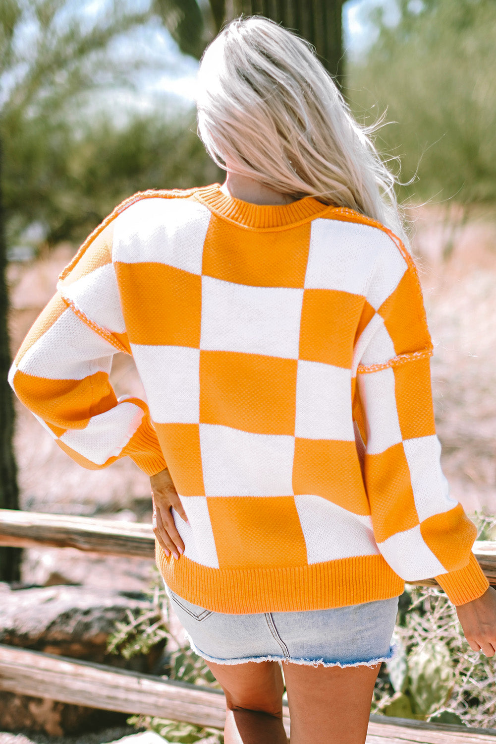 Gray Checkered Bishop Sleeve Sweater