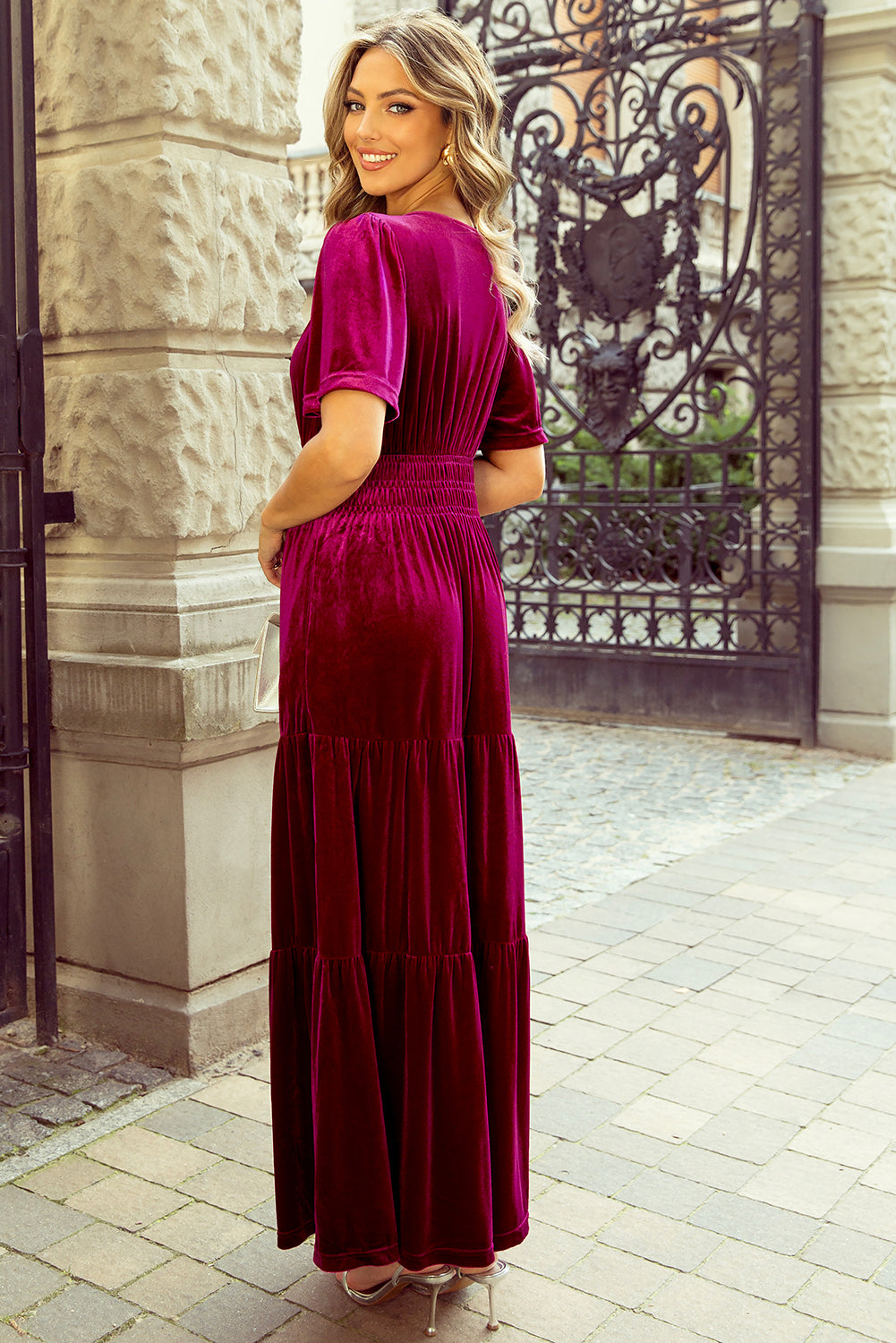 Chestnut Velvet Short Sleeve Shirred Waist Tiered Maxi Dress