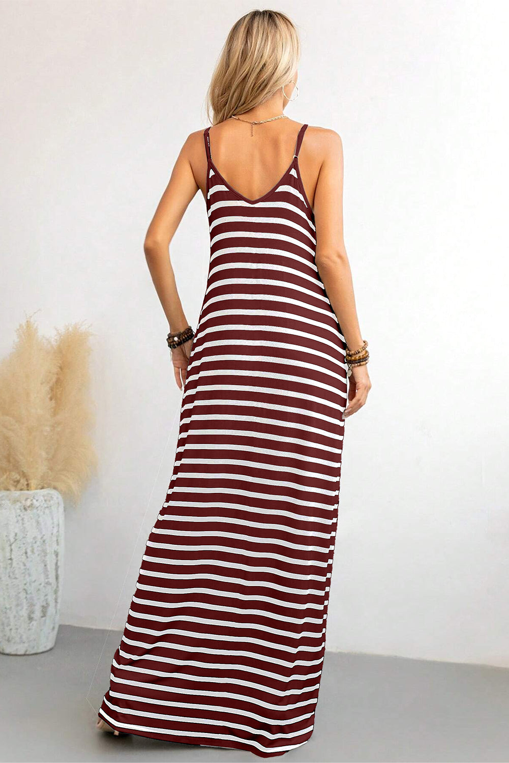 Red Stripe Side Pockets Spaghetti Straps Maxi Dress