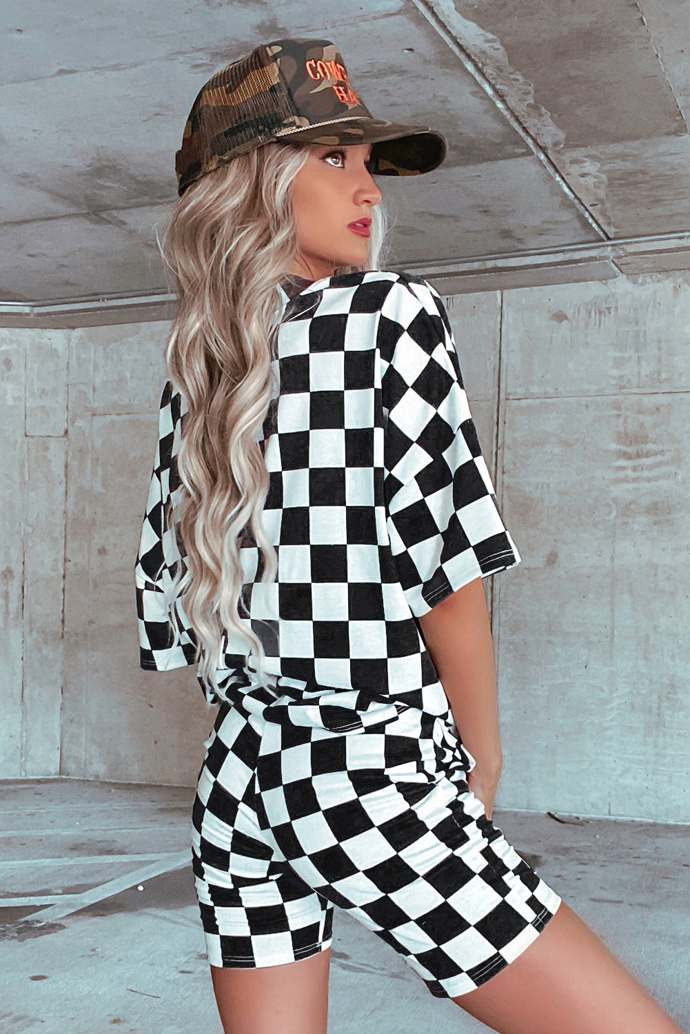 Orange Checkerboard Print V Neck Loose Tee and Shorts Lounge Set