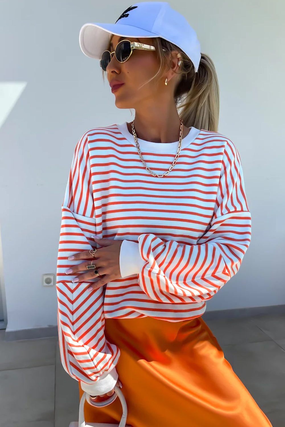 Orange Stripe Drop Shoulder Crew Neck Loose Sweatshirt