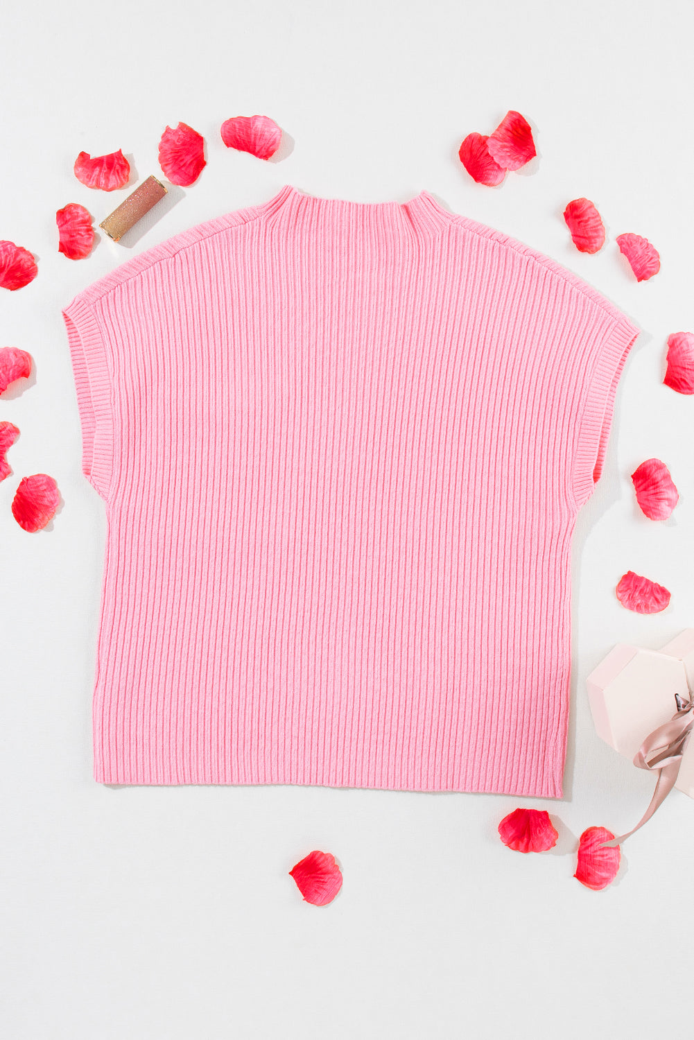 Rose Red Patch Pocket Ribbed Knit Short Sleeve Sweater