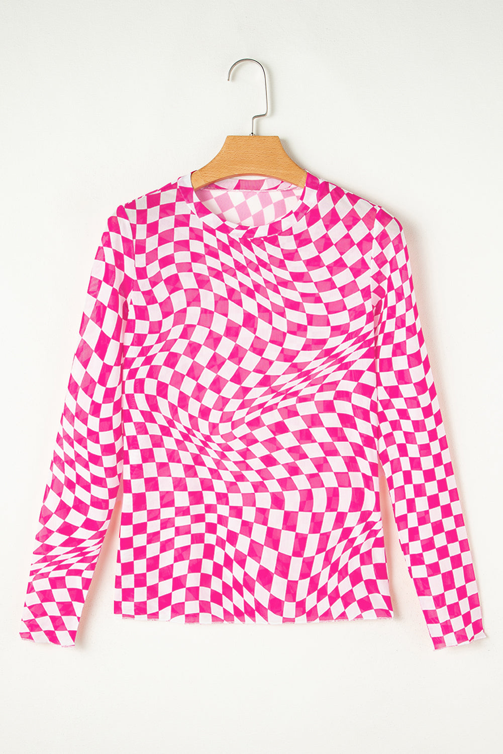 Black Checkered Pattern Mesh Mock Neck Long Sleeve Top