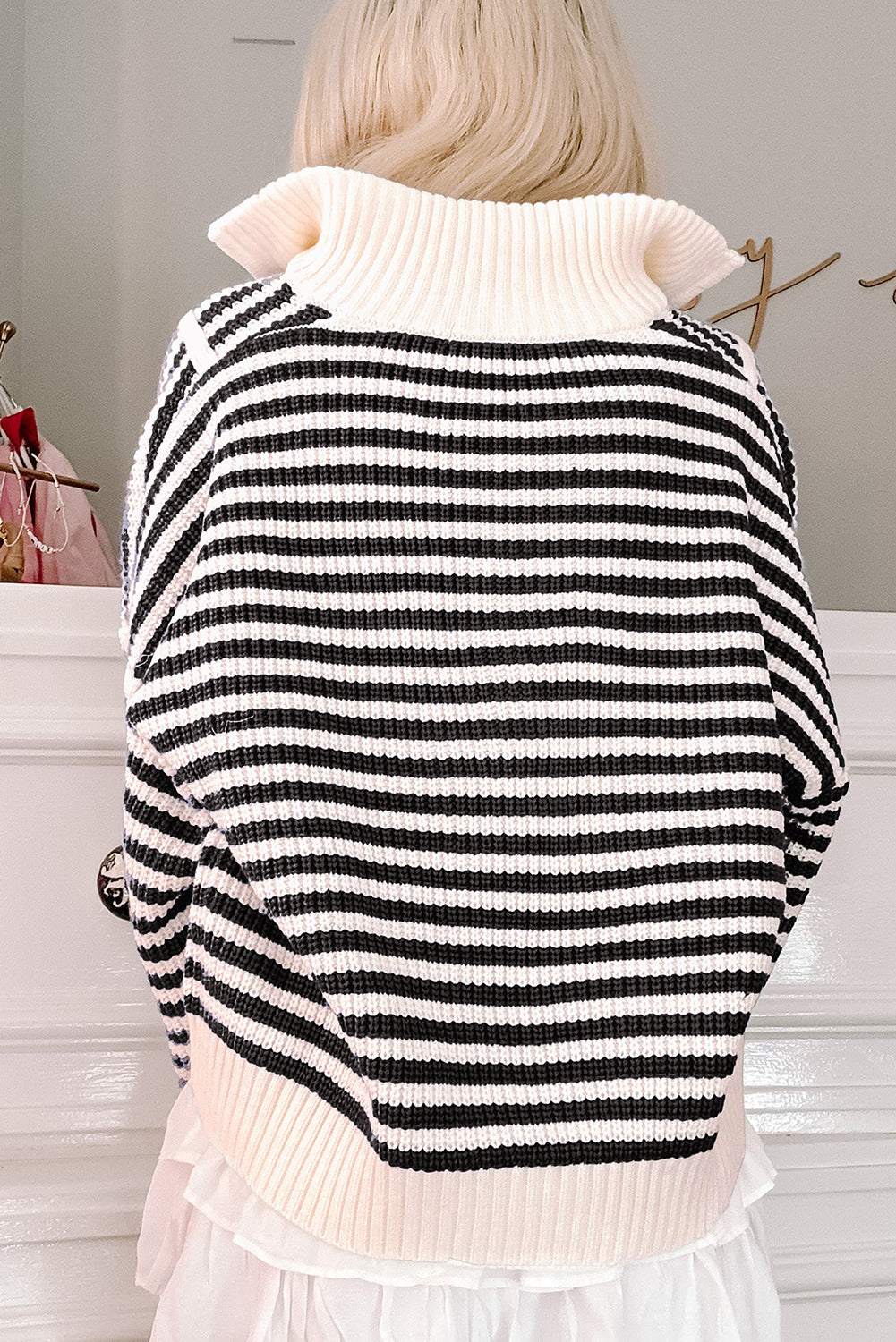 Sky Blue Stripe Zip up Collar Drop Shoulder Sweater