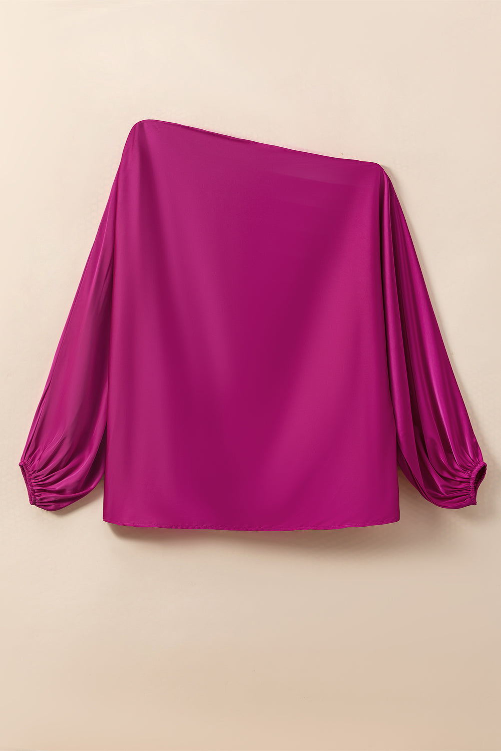 Bright Pink Asymmetrical Neck Balloon Sleeve Satin Blouse