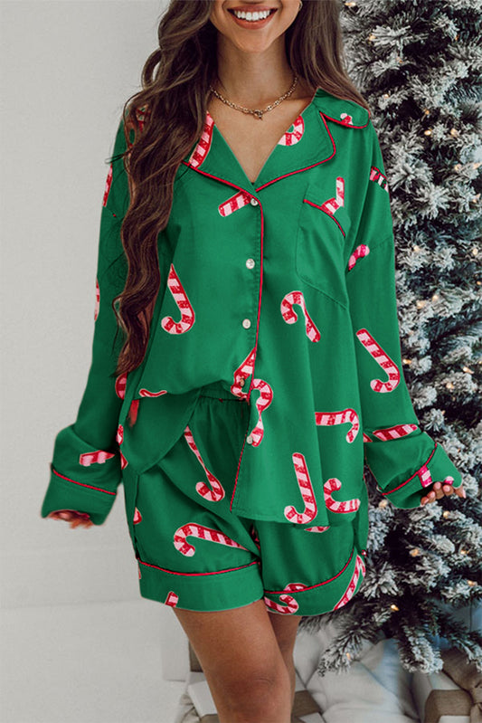 Green Christmas Candy Cane Print Shirt and Shorts Pajama Set