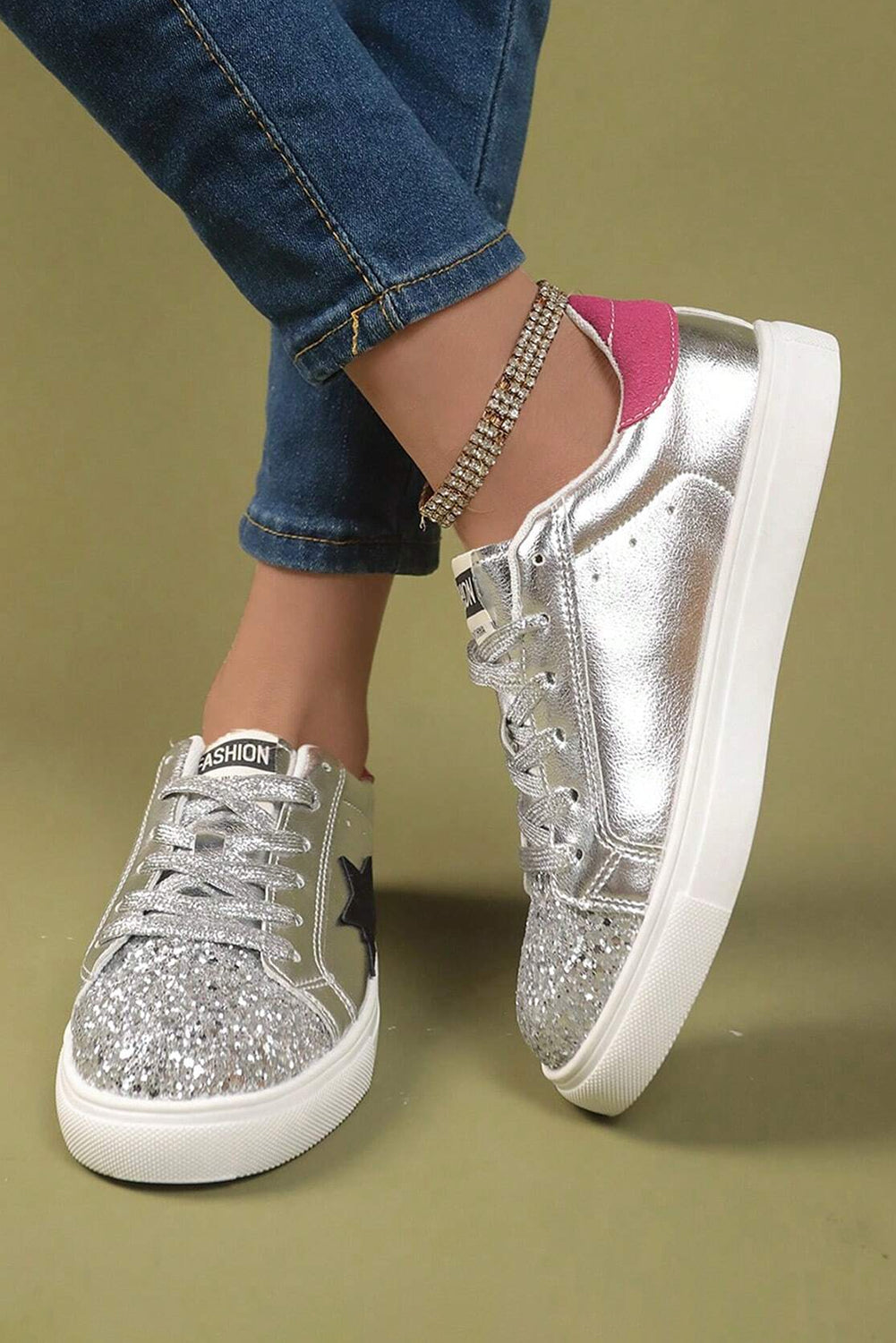 Silvery Metallic Luster Star Pattern Slip On Flat Shoes