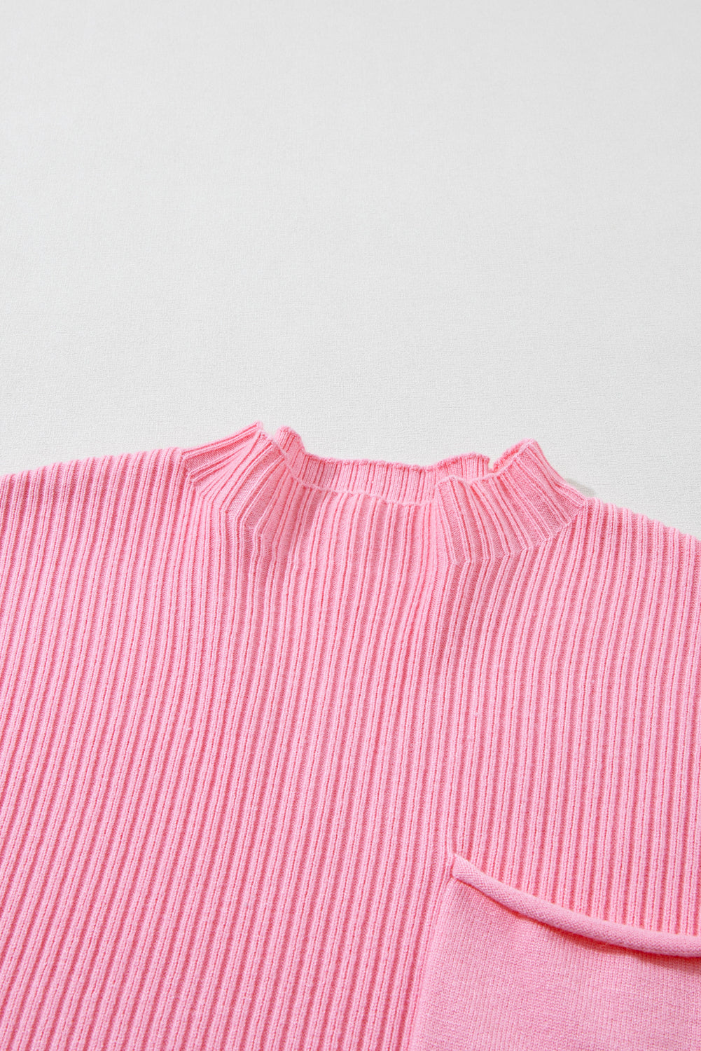 Rose Red Patch Pocket Ribbed Knit Short Sleeve Sweater