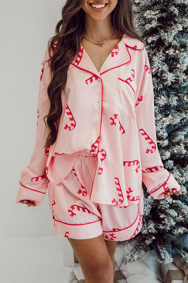 Pink Christmas Candy Cane Print Shirt and Shorts Pajama Set