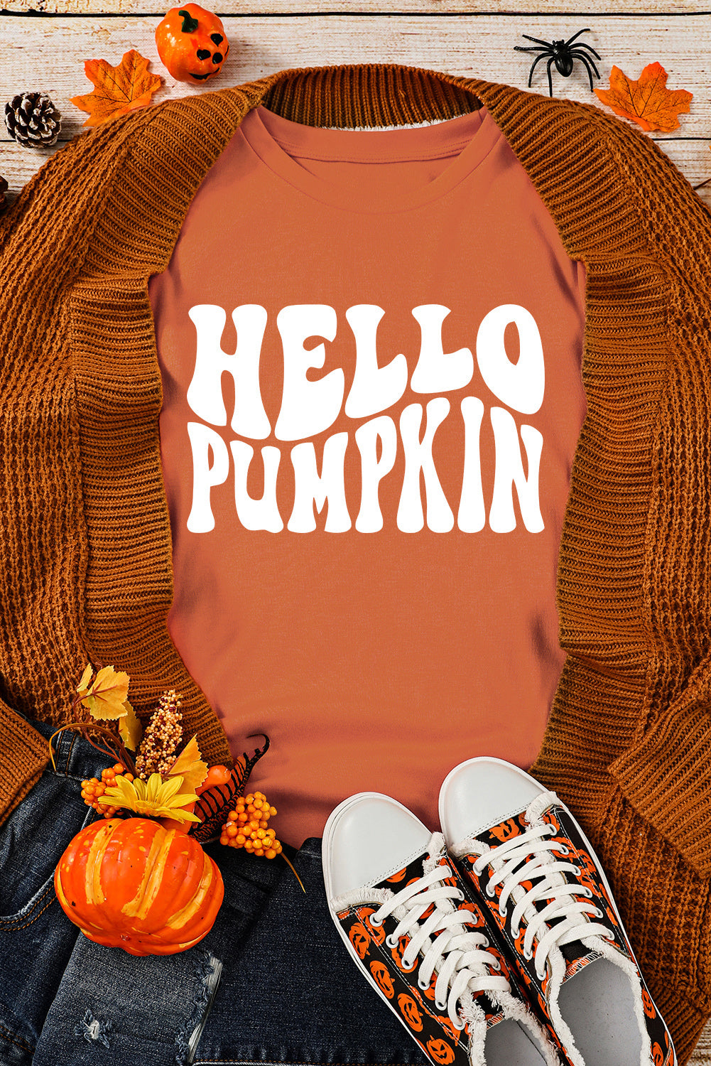 Orange Hello Pumpkin Graphic Drop Shoulder Halloween Sweatshirt