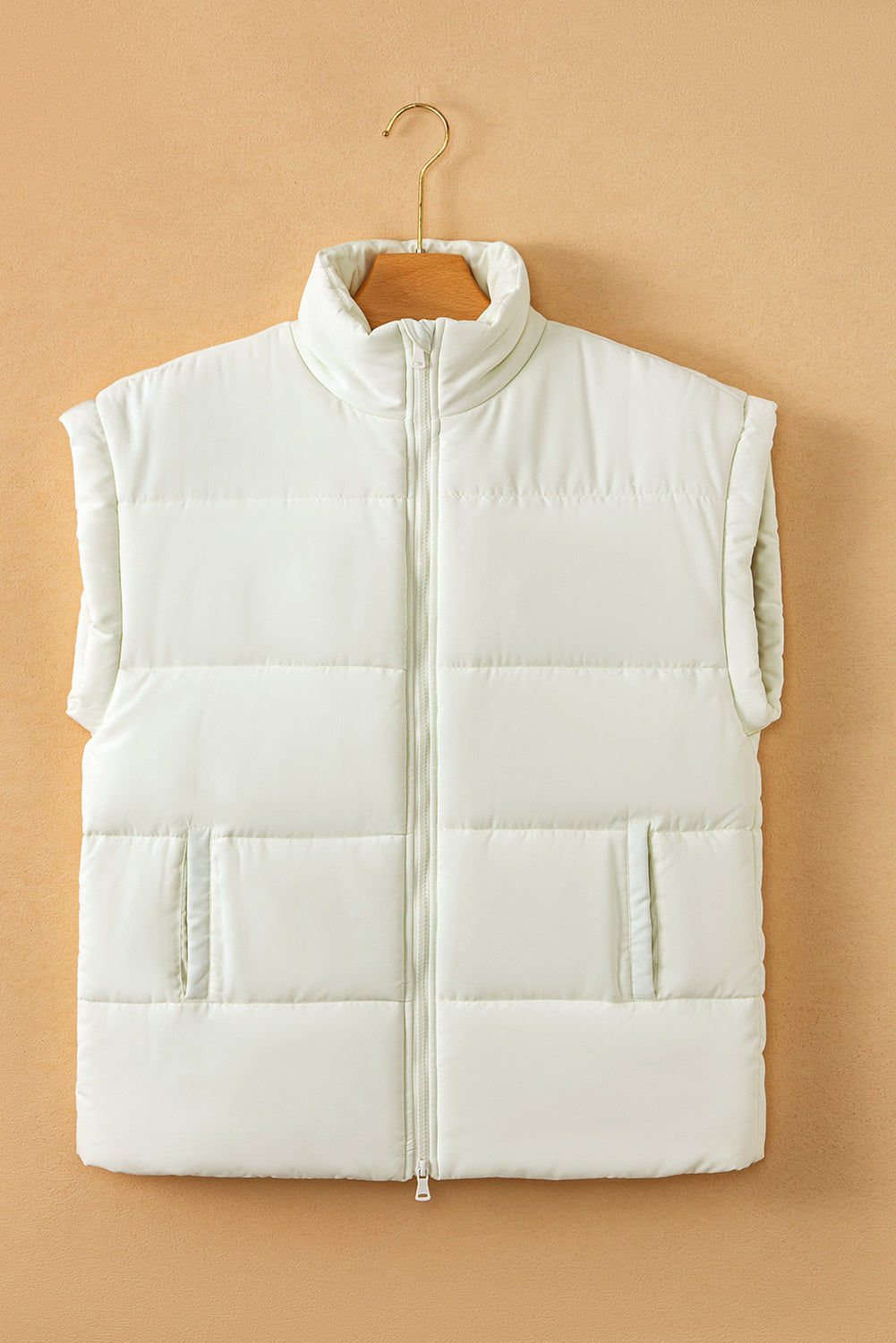 Beige  Zipper Stand Neck Oversized Puffer Vest