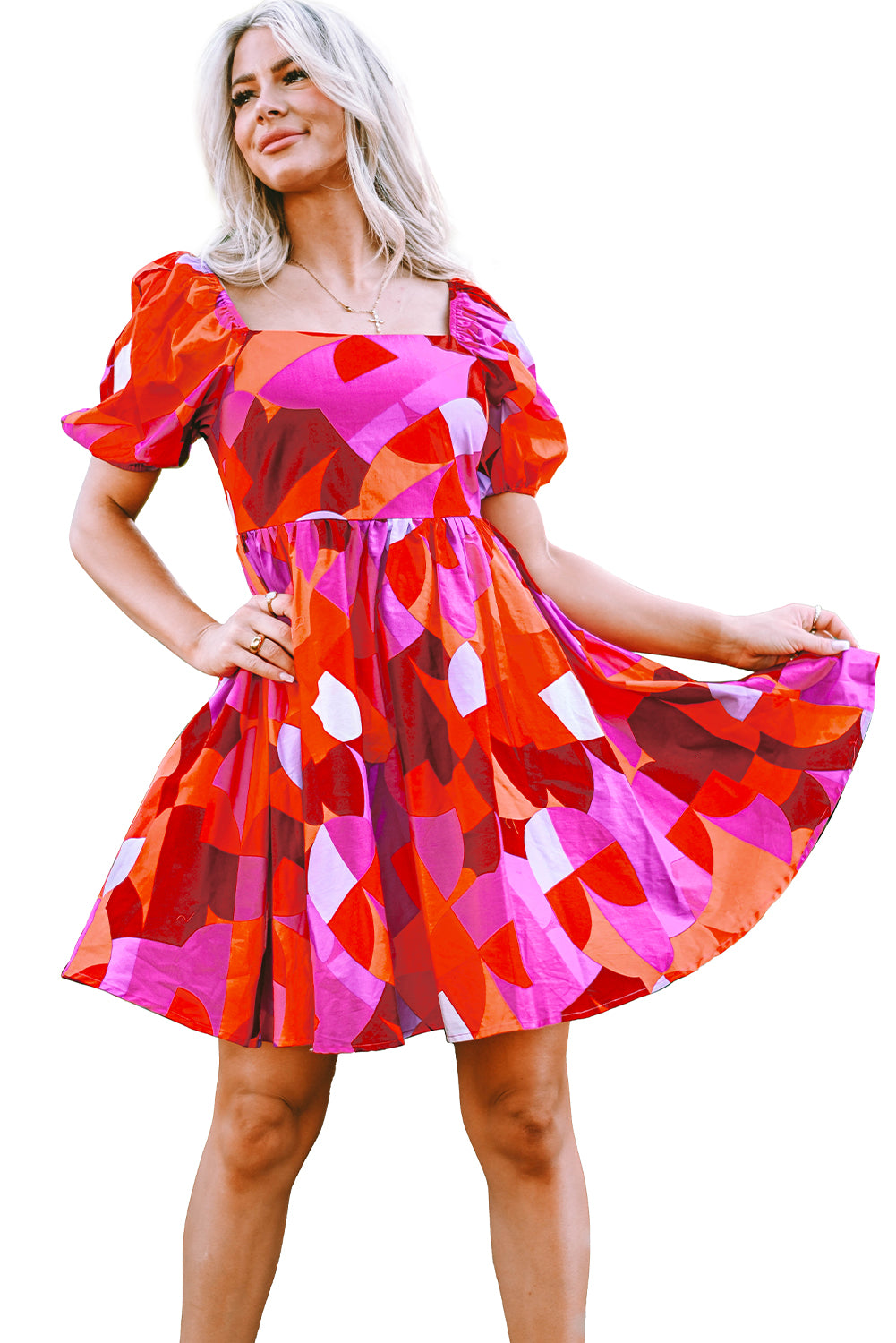 Red Abstract Print Square Neck Puff Sleeve Dress