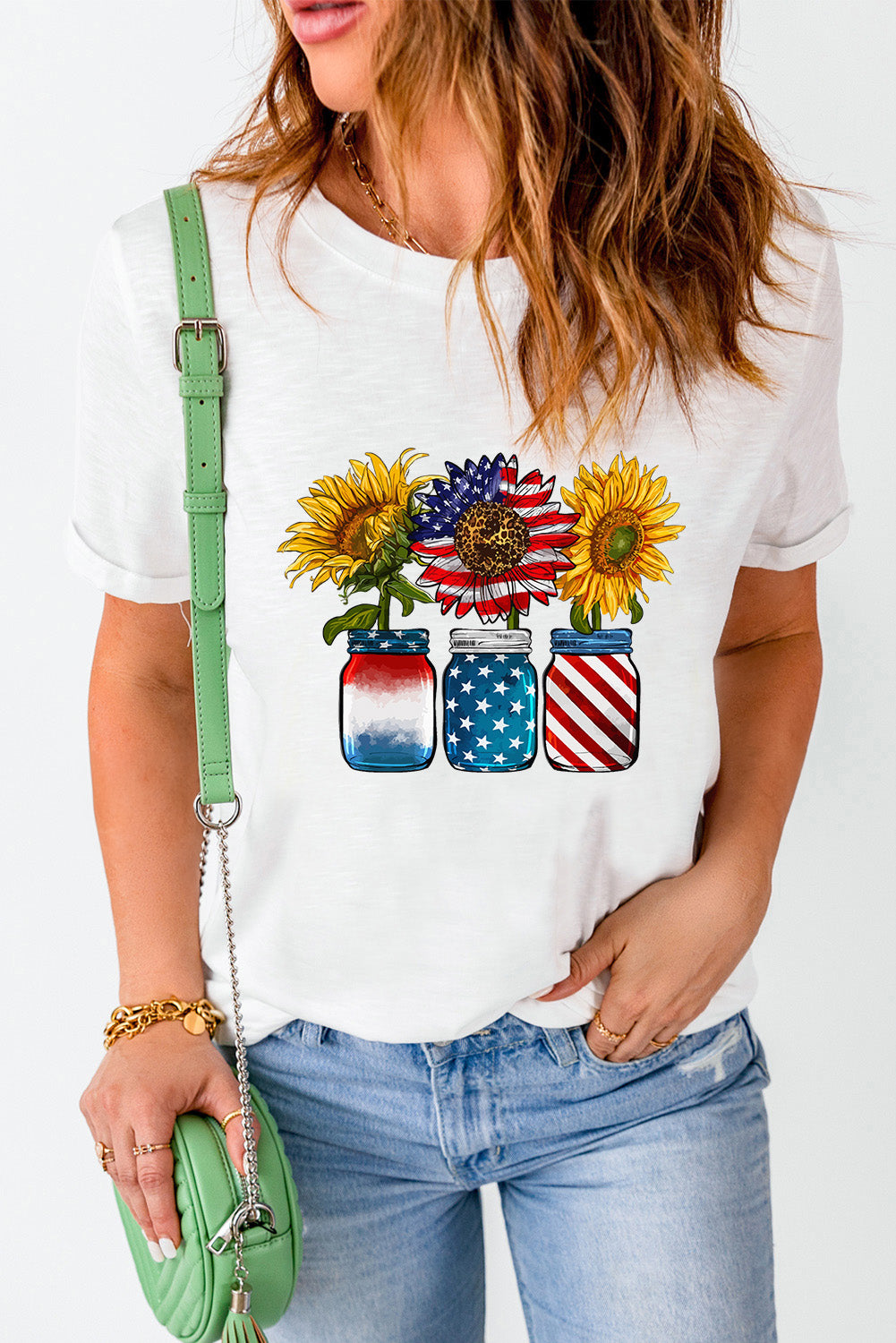 White American Flag Sunflower Graphic T Shirt