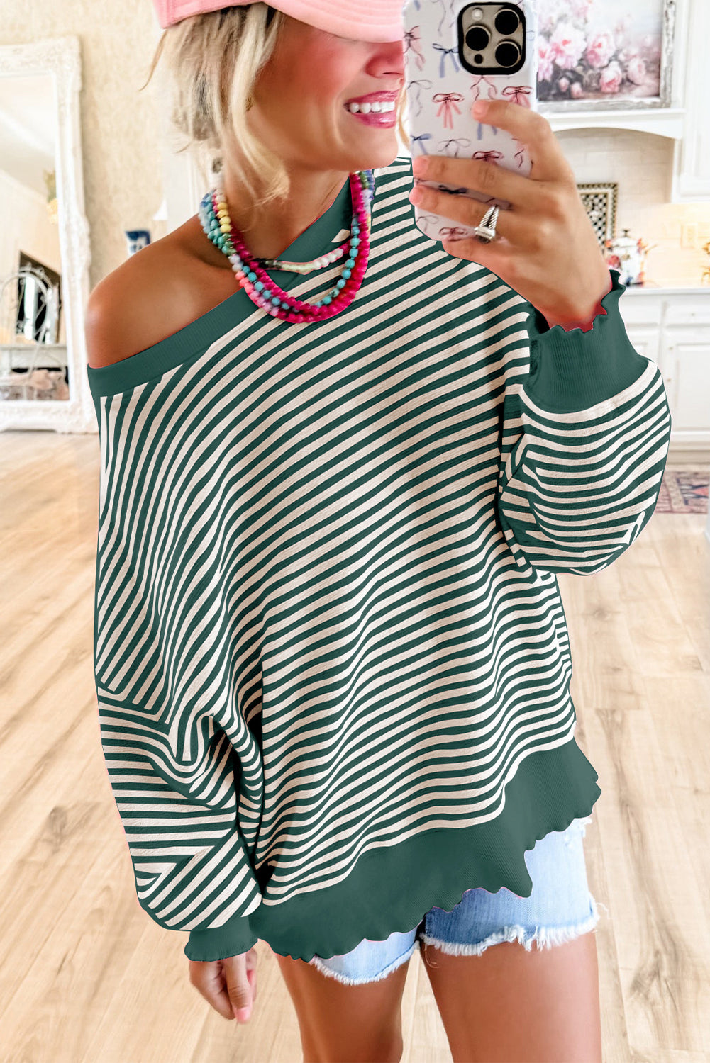 Brown Stripe Loose Drop Shoulder Long Sleeve Top