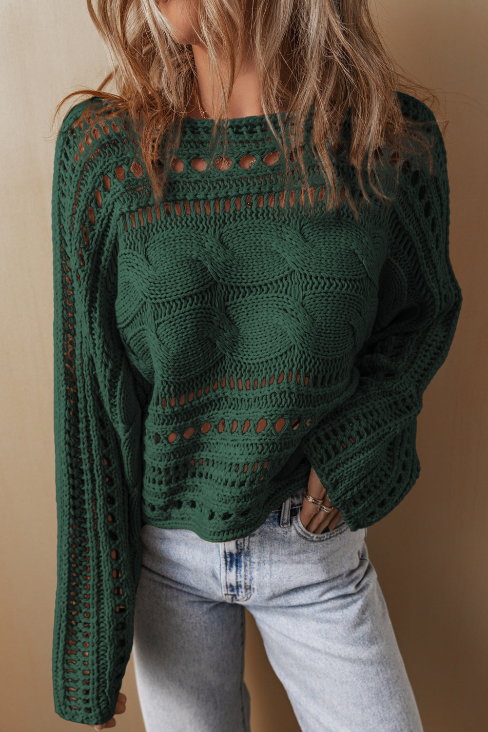 Black Hollow-out Cable Knit Cropped Sweater