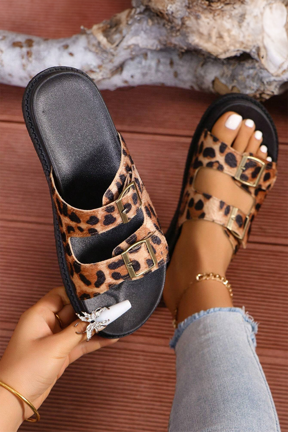 Chestnut Leopard Cut Out Buckle Strap Thick Sole Slippers