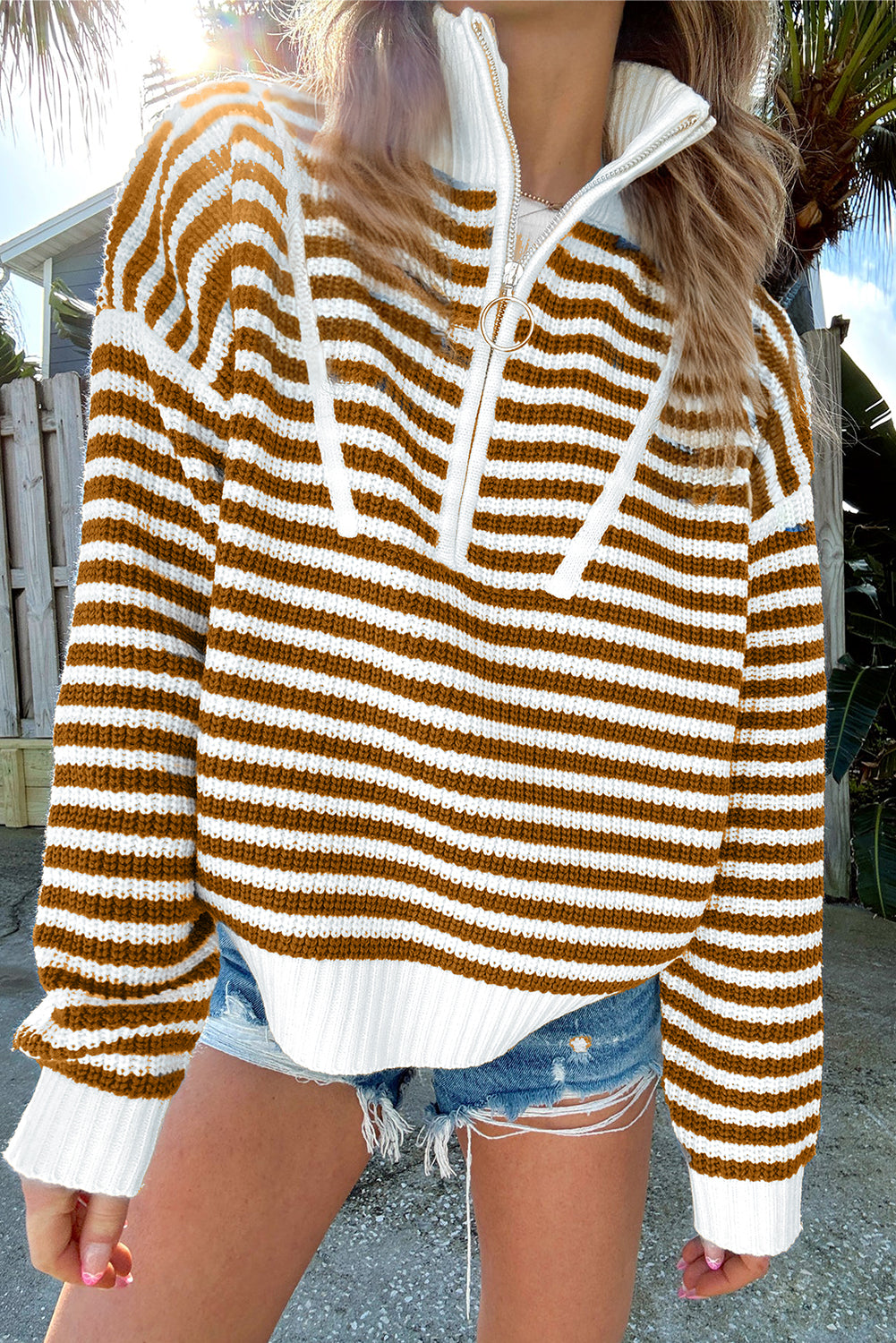 Sky Blue Stripe Zip up Collar Drop Shoulder Sweater