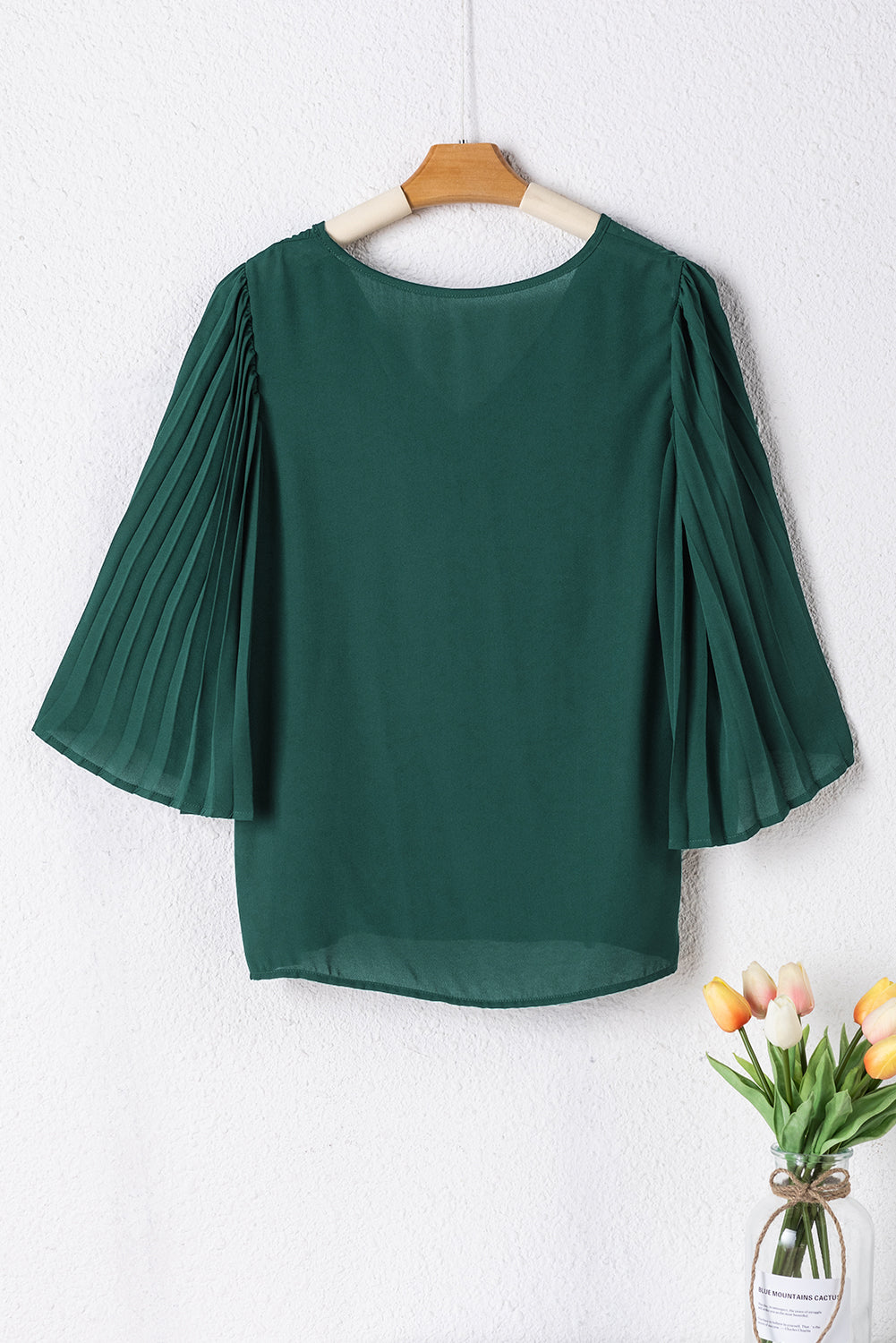 Blackish Green 3/4 Pleated Bell Sleeve V Neck Blouse