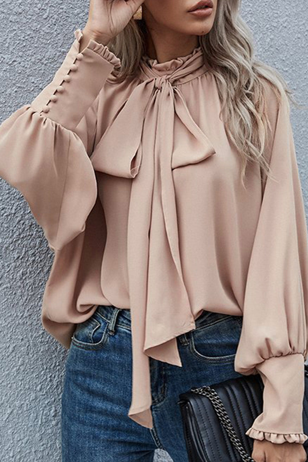 Pink Frilled Knotted Mock Neck Bishop Sleeve Blouse