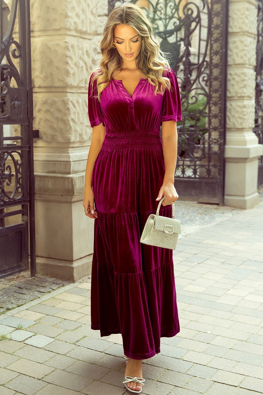 Chestnut Velvet Short Sleeve Shirred Waist Tiered Maxi Dress